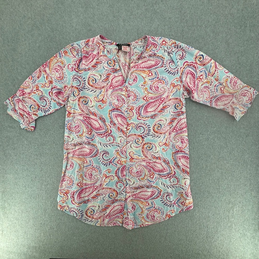Lauren Ralph Lauren Blouse Womens Medium Pink Paisley Cotton Viscose V-Neck Top - Picture 1 of 9